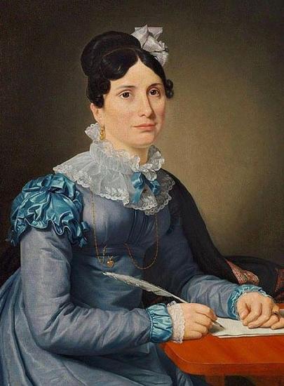  Portrat af Sarah Wolff f. Cruttendon siddende i bla kjole, skrivende et brev